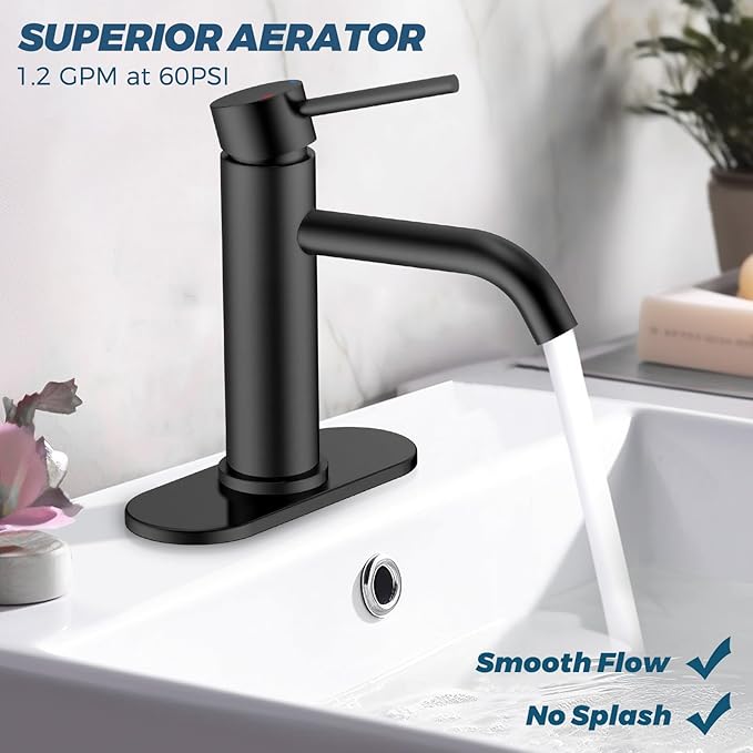 FORIOUS Matte Black Bathroom Faucets 1 Hole, Lead-Free, Bathroom Sink Faucet with Pop up Drain and Supply Hose for Sink, Vanity, RV, Lavatory, Suitable for 1 or 3 Holes