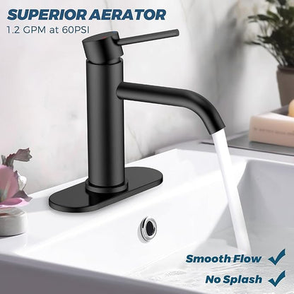 FORIOUS Matte Black Bathroom Faucets 1 Hole, Lead-Free, Bathroom Sink Faucet with Pop up Drain and Supply Hose for Sink, Vanity, RV, Lavatory, Suitable for 1 or 3 Holes