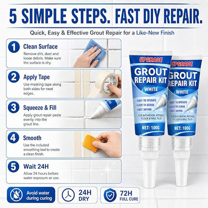 Tile Grout Repair Kit, 2 Pack Fast Drying Grout Sealer Tube | Easy DIY to Restore and Renew Tile Joints for Bathroom Shower Kitchen, Waterproof Tile Grout Paint(White), with Tools