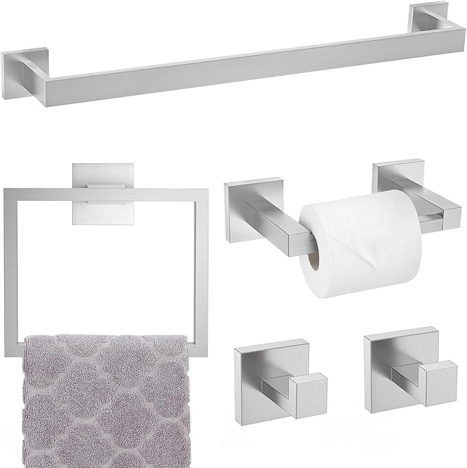 Brushed Nickel Towel Bar Set,5-Piece Bathroom Hardware Set Includes Upgraded Double Base Paper Towel Holder Modern Square Towel Holder Set,Stainless Steel Wall Mount 23.6 Inch