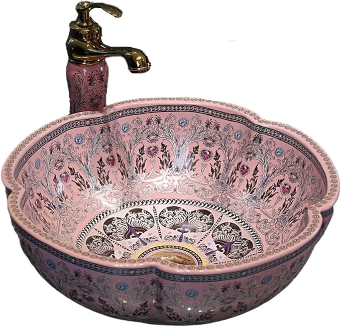 Bathroom Vessel Sinks Europe Style Pink Lucky Flower Ceramic Above Counter Sink for Vanity Top