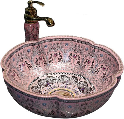Bathroom Vessel Sinks Europe Style Pink Lucky Flower Ceramic Above Counter Sink for Vanity Top