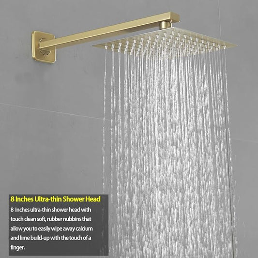 Brushed Gold Shower System Bathroom Luxury Rain Mixer Shower Combo Set Wall Mounted Rainfall Shower Head System Shower Faucet Rough-in Valve Body and Trim Kit
