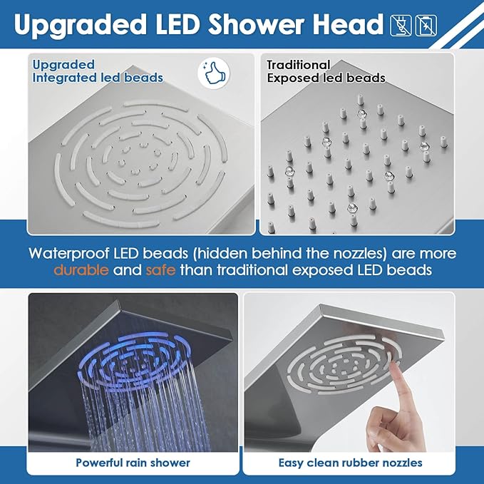 ROVOGO Shower Panel Tower with Rainfall Shower, Body Jets, Handheld and Tub Spout, No Battery Needed Led Lights and Temp Display, Unibody Shower Column 304 Stainless Steel, Brushed