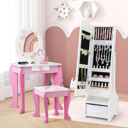 CHARMAID Kids Jewelry Cabinet - 45.5" Standing Armoire with Full Length Mirror, Kids Jewelry Organizer with Storage Drawers, Vanity Dressing Mirror for Girls (White)
