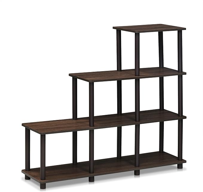 Furinno Turn-N-Tube Storage Shelves, 4-Tier Ladder Book Shelf, 6 Cube Open frame Corner Shelf, Toolless Assembly, Open Shelves, for Organization and Storage, Living Room, Garage, Home Office, Walnut