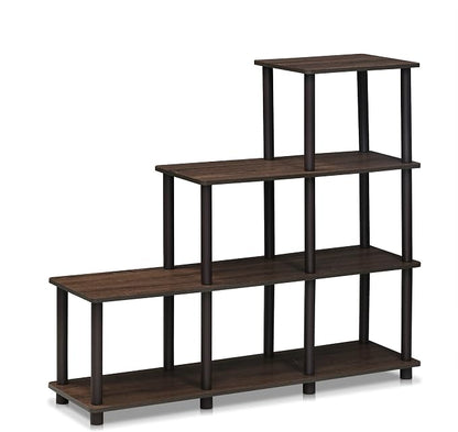 Furinno Turn-N-Tube Storage Shelves, 4-Tier Ladder Book Shelf, 6 Cube Open frame Corner Shelf, Toolless Assembly, Open Shelves, for Organization and Storage, Living Room, Garage, Home Office, Walnut