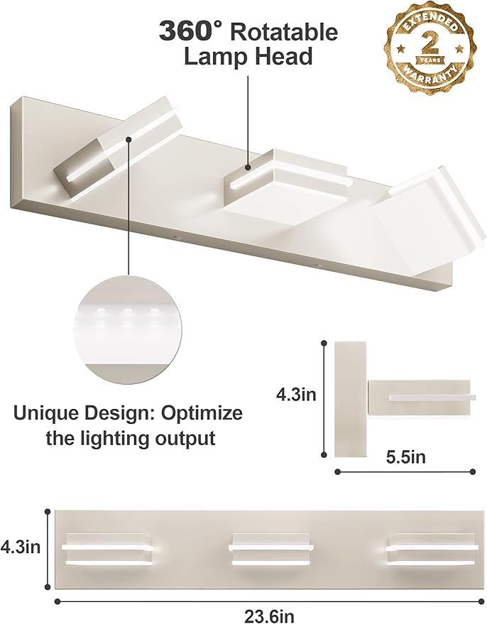 VOLISUN Modern Bathroom Vanity Light Fixtures (3-Light, 24-Inch), Brushed Nickel LED Bathroom Light Fixtures Over Mirror, 360°Rotatable Head, LED Vanity Lights for Bathroom (Cool White 6000K)