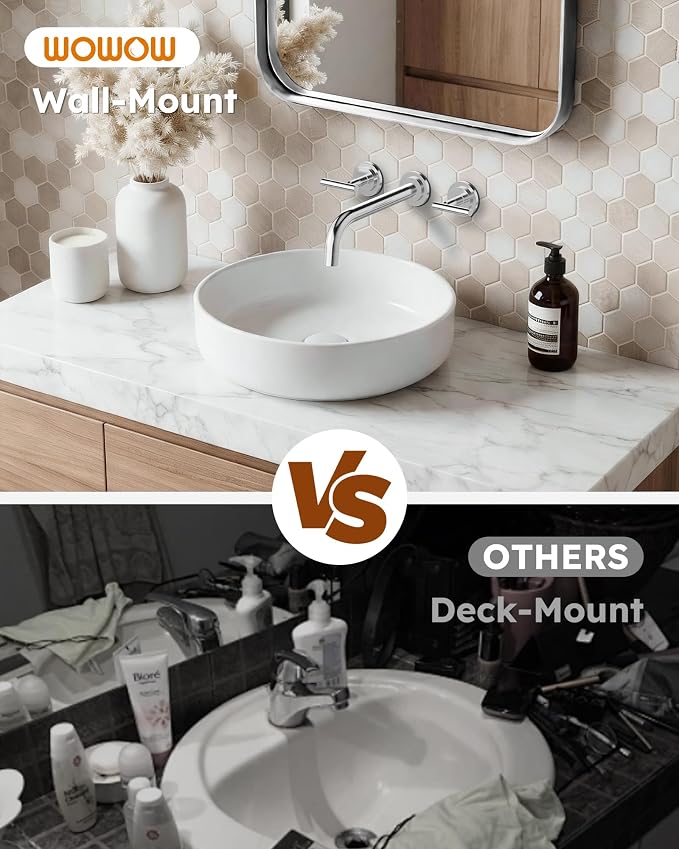 Wall Mount Bathroom Faucet - WOWOW Chrome Bathroom Sink Faucet - 2 Handle Wall Mount Vessel Sink Faucet 3 Holes Elegant Classic Spout Rough in Brass Valve Included