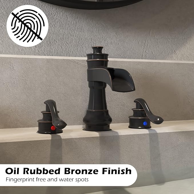BWE Waterfall Widespread Bathroom Faucet 3 Hole Oil Rubbed Bronze Farmhouse 8 Inch Pop Up Drain Stopper Assembly Overflow Supply Line Faucets Parts Two Handle Bath Vanity Lavatory Sink