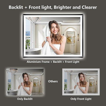 44x32 Black Framed LED Bathroom Mirror with Lights, Backlit and Front Light, Lighted Bathroom Vanity Mirror for Wall Dimmable Anti-Fog Memory Tempered Glass Horizontal/Vertical