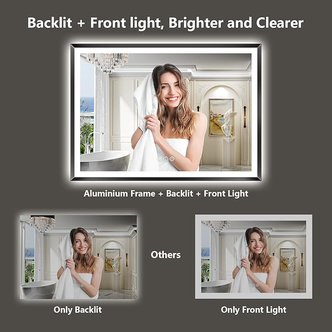 55x36 Black Framed LED Bathroom Mirror with Lights, Backlit and Front Light, Lighted Bathroom Vanity Mirror for Wall Dimmable Anti-Fog Memory Tempered Glass Horizontal/Vertical