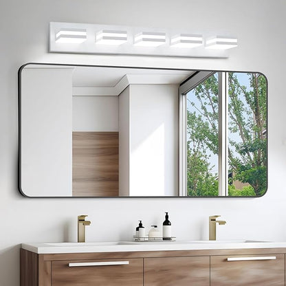 IZORRO LED Modern Bathroom Lights Fixtures(5-Light,Dimmable),Matte White Acrylic Wall Lighting,Vanity Lights for Bathroom Over Mirror - 6000k 36In （No Assembly Required）