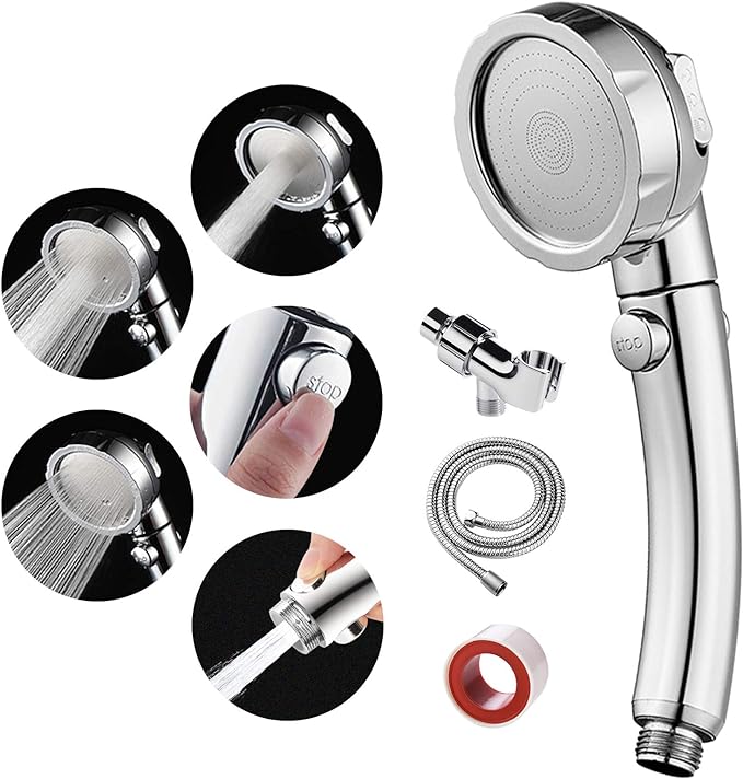 SINGSUO High Pressure Handheld Shower Head with On Off Switch (Chrome) | Detachable Shower Head, 3 Spray Modes Shower Massager Handheld with Hose and Adjustable Angle Bracket