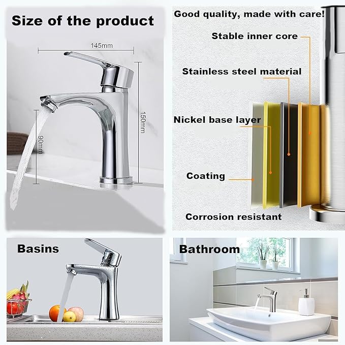 Bathroom/Basin Mixer for hot and Cold Water with Silent Anti-drip Single Lever Sink Faucet for Bathroom, washbasin, kitchenette Type, Hybrid Water-Saving washbasin Faucet (Chrome)