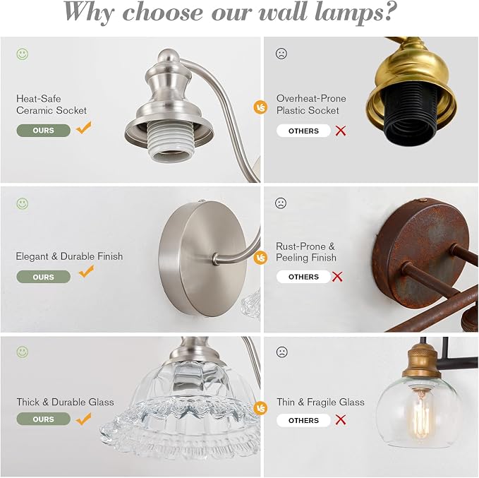Vintage Wall Sconce Light, Brushed Nickel Bathroom Sconces Wall Lighting, Antique Wall Light Fixture with Clear Flower Glass Shades, Indoor Wall Sconces for Living Room Bedroom, 1-Light Wall Lamp
