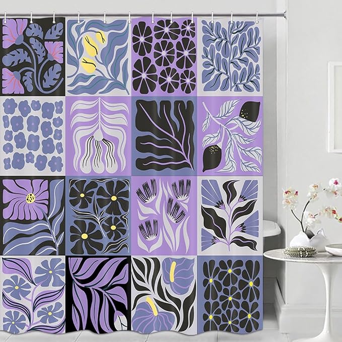 JAWO Retro Shower Curtain Vintage Abstract Boho Floral Shower Curtains for Bathroom Decor Purple Yellow Botanical Geometric Groovy Aesthetic Pattern Shower Curtain Sets with Hooks, 60X70IN