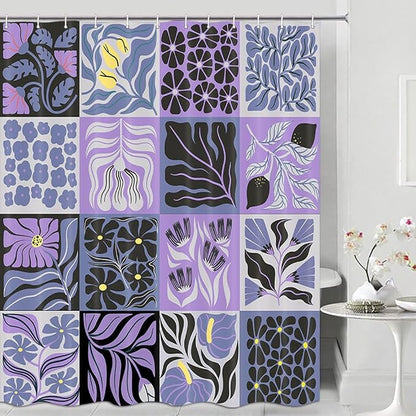 JAWO Retro Shower Curtain Vintage Abstract Boho Floral Shower Curtains for Bathroom Decor Purple Yellow Botanical Geometric Groovy Aesthetic Pattern Shower Curtain Sets with Hooks, 69X84IN