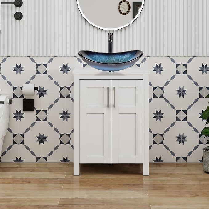 YOURLITE 24" Bathroom Vanity with Sink, White Bathroom Vanity and Sink Combo with Faucet & Pop Up Drain Set,Traditional Vanity with Blue Glass Bowl Bathroom Sink