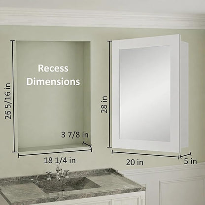 Buruis 20 x 28 Inch Bathroom Wood Medicine Cabinet Mirror, White | Fully Assembled Design, Adjustable Glass Shelves, Soft-Close Hinges, Bathroom Storage Organizer, Left/Right Opening