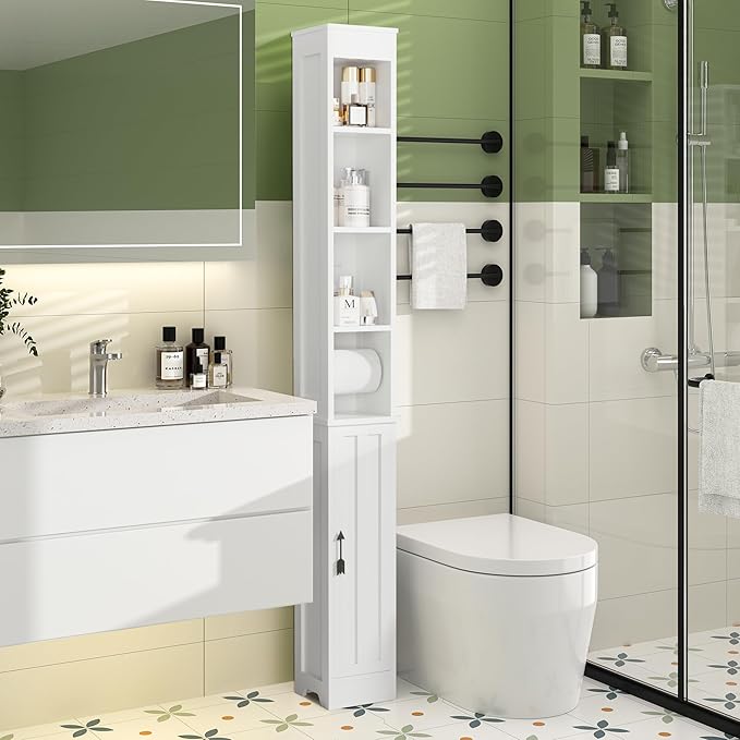 VECELO Narrow Bathroom Storage Cabinet with 3 Adjustable Shelves, 71" Tall Freestanding Cabinet with Toilet Paper Holder, Slim Tower Cabinet with Magnetic Door, for Small Spaces, White