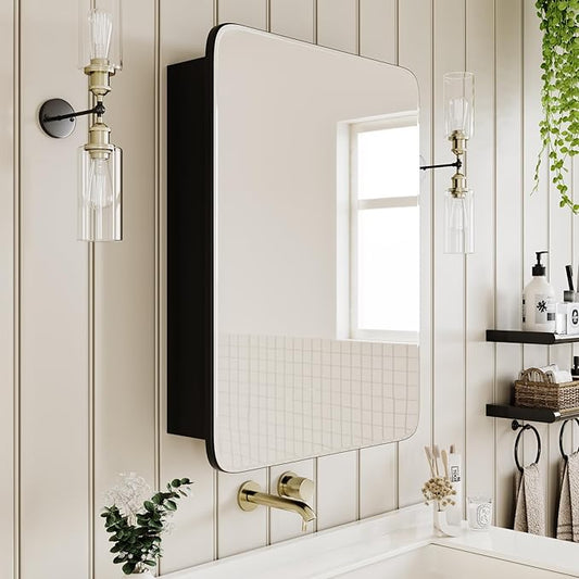 Vintage-Style Bathroom Wood Black Cabinet with 16.5''x24'' Curved Mirror, Recessed Medicine Cabinet, in-Wall or Surface Mount Bathroom Storage Cabinet