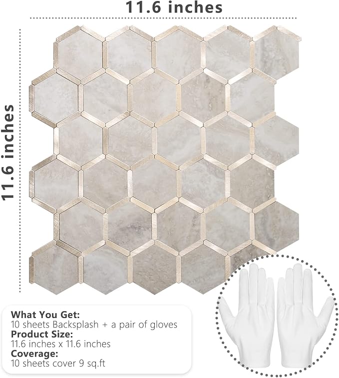 STICKGOO Hexagon Peel and Stick Backsplash Tile, Stick on Backsplash for Kitchen and Bathroom, Beige Marble Look PVC Mixed Metal Gold Self Adhesive Wall Tiles(10 Sheets, Seamless)