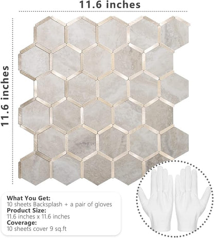 STICKGOO Hexagon Peel and Stick Backsplash Tile, Stick on Backsplash for Kitchen and Bathroom, Beige Marble Look PVC Mixed Metal Gold Self Adhesive Wall Tiles(10 Sheets, Seamless)