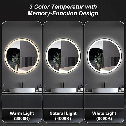 NEWBULIG 36'' Round LED Bathroom Mirror with Lights, Circle Vanity Mirror | Anti-Fog, Dimmable, 3-Color Light, Front Light and Backlit, Memory Function, Tempered Glass