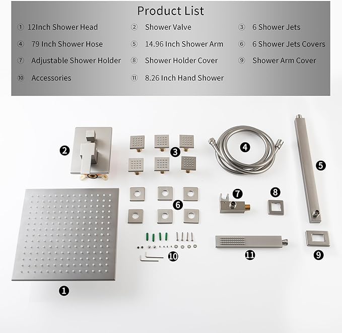 SKOWLL Brushed Nickel Shower System with Body Jets 12 Inch LED Rain Shower Head with Handheld, Wall Mounted Shower Faucet Set Rough in Mixer Valve and Trim Included