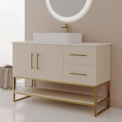47.2 inch Modern Bathroom Vanity with Ceramic Vessel Sink, Gold Accent Freestanding Bathroom Cabinet with Wood Countertop, Soft Closing Cabinet, 2 Sliding Drawers & Open Storage Shelf, White Oak