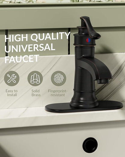 Oil Rubbed Bronze Bathroom Faucet Brass Single Handle Bathroom Sink Faucets | Single Hole Farmhouse Faucet Vanity Lavatory RV with Overflow Pop Up Drain Mixer Tap Commcercial Rustic by BATHLAVISH