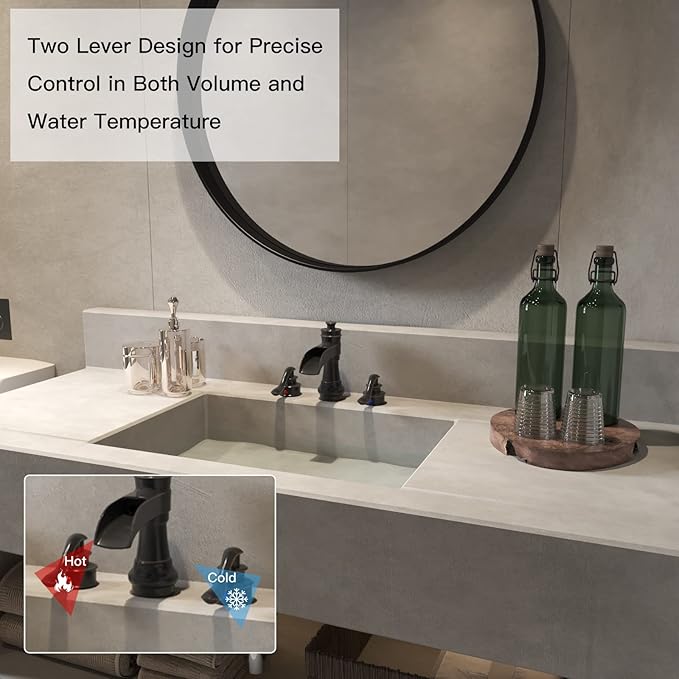 BWE Waterfall Widespread Bathroom Faucet 3 Hole Oil Rubbed Bronze Farmhouse 8 Inch Pop Up Drain Stopper Assembly Overflow Supply Line Faucets Parts Two Handle Bath Vanity Lavatory Sink