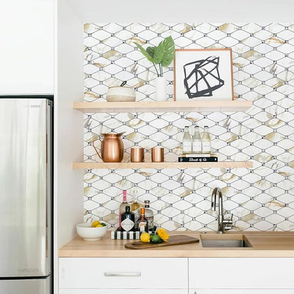 STICKGOO 10 Sheets Peel and Stick Backsplash, Calacatta Golden Stick on Mosaic Tiles for Kitchen Wall Decor, Self Adhesive Long Hexagon PVC Tile Kitchen Backsplash