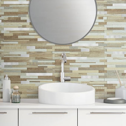 AULIGET 20 Sheets Beige & Brown Wood Peel and Stick Backsplash, PVC Mixed Metal Silver Wall Tile Stick on Backsplash for Kitchen and Bathroom