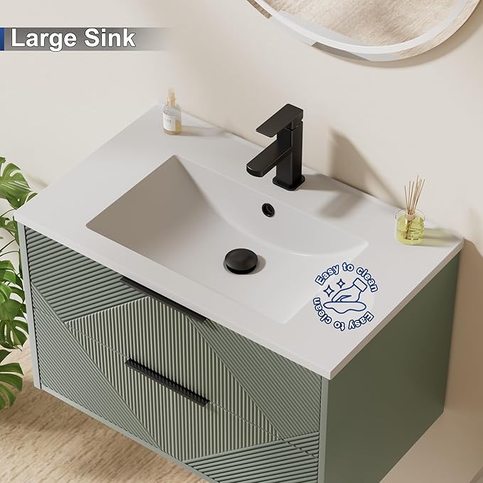 LUCKWIND 30" Floating Bathroom Vanity with Sink Combo, Wall Mounted Floating Cabinet with 2 Large Soft-Close Drawers & Water Saving Faucet, Geometric Textured Design in Green