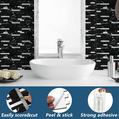 Yipscazo 20 Sheets Peel and Stick Stone Metal Backsplash Tiles, PVC Wall Tiles Stick on Backsplash for Kitchen, Bathroom (6'' X 12'', Black Rock)