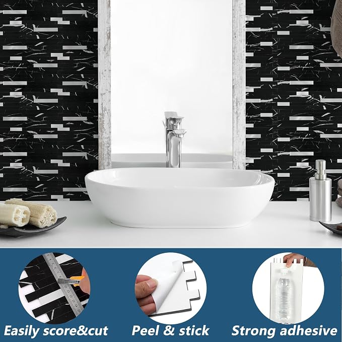 Yipscazo 40 Sheets Peel and Stick Stone Metal Backsplash Tiles, PVC Wall Tiles Stick on Backsplash for Kitchen, Bathroom (6'' X 12'', Black Rock)
