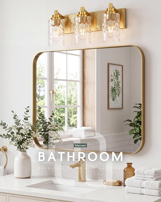 3-Light Brushed Gold Bathroom Vanity Light, Hammered Cylinder Glass | Ideal for 20-28" mirrors, 16.5" modern bathroom light fixtures over mirror, E26 base, bulbs not included, VL198-BG-3