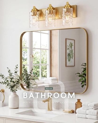 3-Light Brushed Gold Bathroom Vanity Light, Hammered Cylinder Glass | Ideal for 20-28" mirrors, 16.5" modern bathroom light fixtures over mirror, E26 base, bulbs not included, VL198-BG-3