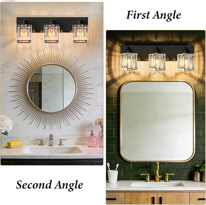 Black Crystal Bathroom Vanity Light, 3-Light Modern Bathroom Lighting Fixtures Over Mirror, Matte Black Wall Sconce Light Fixtures with Square Shade