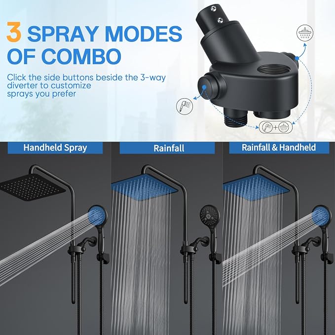 High Pressure Rainfall Shower Head with Handheld Combo: Upgrade Dual Shower Head with 10 Inch Fixed Rain Showerhead and 7 Sprays Handheld Shower Head, Adjustable Height (Up to 13.4"), 71" Hose (MB)