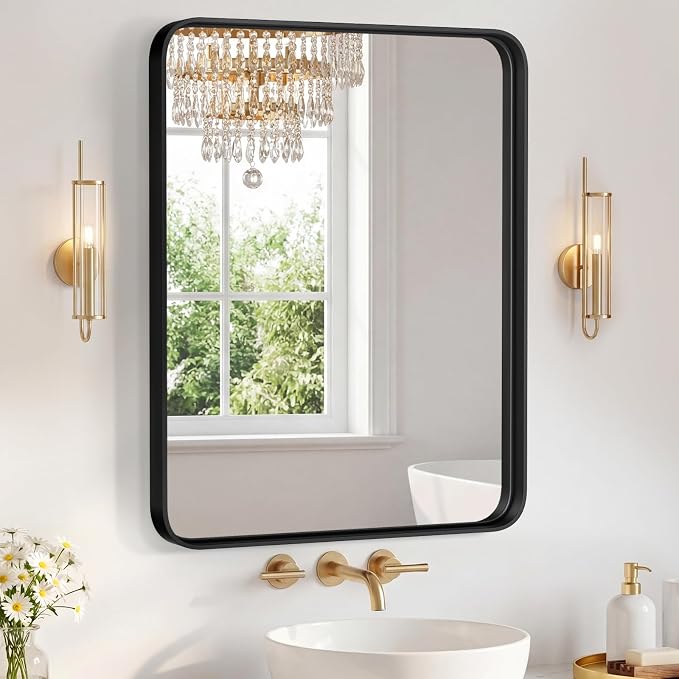 Sweetcrispy Bathroom Mirror 36x24 Inch, Vanity Mirror for Wall | Metal Framed Rounded Rectangle, Over Sink, Farmhouse, Restroom, Anti-Rust, Horizontal or Vertical Hanging, Black