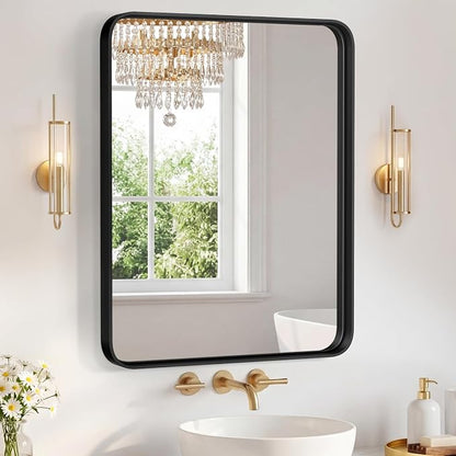 Sweetcrispy Bathroom Mirror 36x28 Inch, Vanity Mirror for Wall | Metal Framed Rounded Rectangle, Over Sink, Farmhouse, Restroom, Anti-Rust, Horizontal or Vertical Hanging, Black