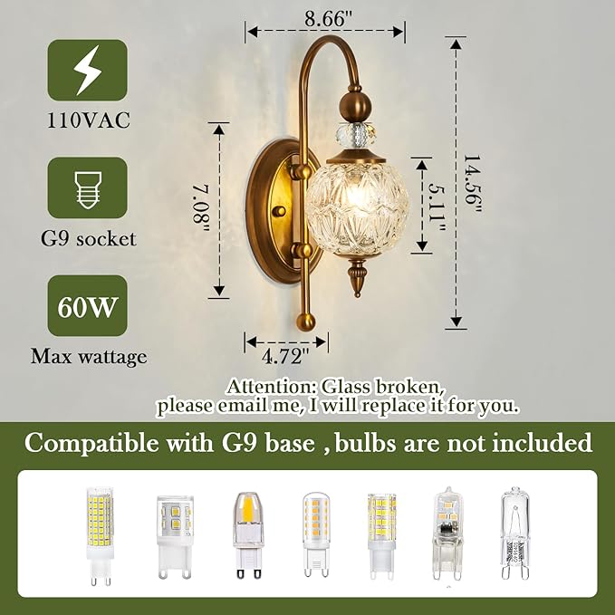 Vintage Gold Wall Sconce with Glass Globe Shade Mid Century Brushed Brass G9 Bulb Vanity Light Indoor Wall Light for Bathroom Farmhouse Bedroom Living Room Hallway