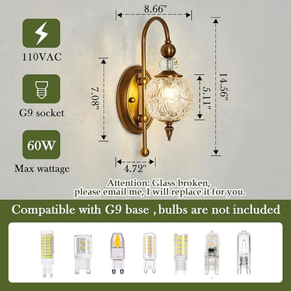 Vintage Gold Wall Sconce with Glass Globe Shade Mid Century Brushed Brass G9 Bulb Vanity Light Indoor Wall Light for Bathroom Farmhouse Bedroom Living Room Hallway