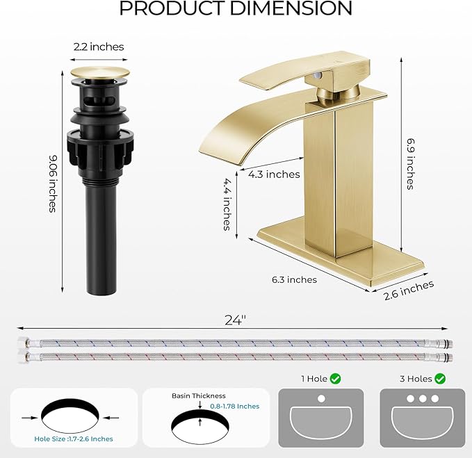 Brushed Gold Bathroom Faucets, Waterfall Bathroom Sink Faucet Single Handle Bathroom Faucet for 1 or 3 Hole, Mixer Tap Vanity Faucet with Deck Plate, Pop-up Drain and Supply Hoses