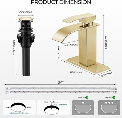 Brushed Gold Bathroom Faucets, Waterfall Bathroom Sink Faucet Single Handle Bathroom Faucet for 1 or 3 Hole, Mixer Tap Vanity Faucet with Deck Plate, Pop-up Drain and Supply Hoses