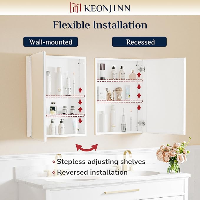 Keonjinn 40"x 26" White Bathroom Medicine Cabinet Mirror, Tempered Glass | Effortless Assembly, Lightweight, Wall-mounted or Recessed, Adjustable Shelves, Soft Close, Bathroom Mirror with Storage