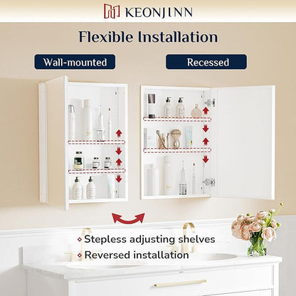 Keonjinn 40"x 26" White Bathroom Medicine Cabinet Mirror, Tempered Glass | Effortless Assembly, Lightweight, Wall-mounted or Recessed, Adjustable Shelves, Soft Close, Bathroom Mirror with Storage